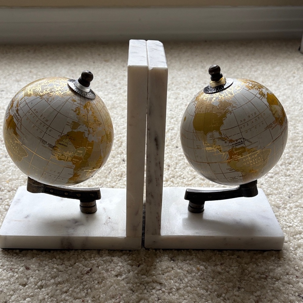 Elegant Marble White and Gold Globe Bookends